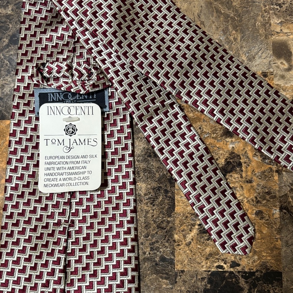 Tom James Red and White Geometric Tie